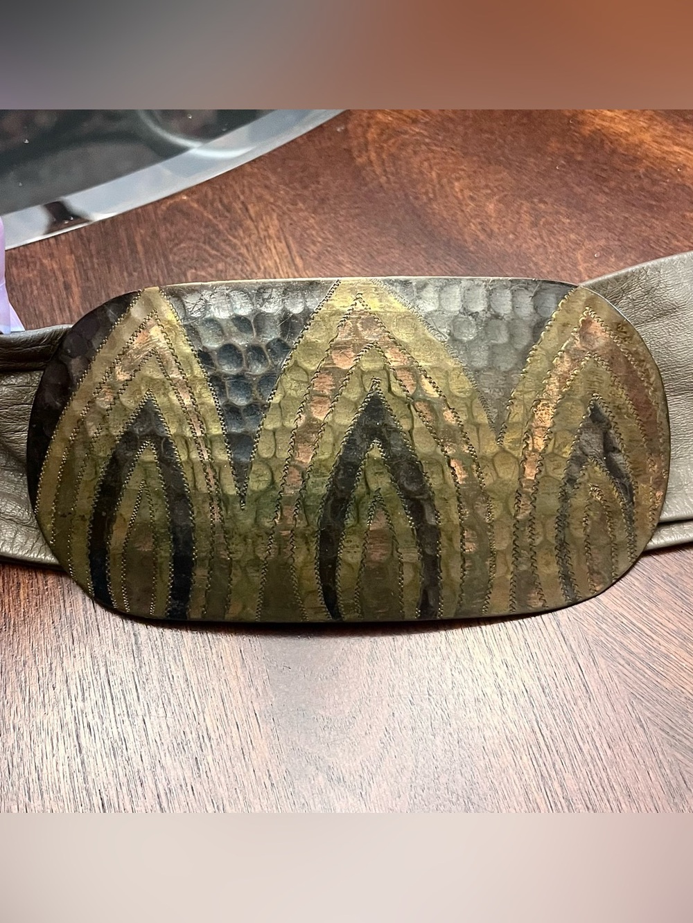 1970s Vintage Copper Black Khaki Multicolor Metal Buckle Wide Brown Leather Belt